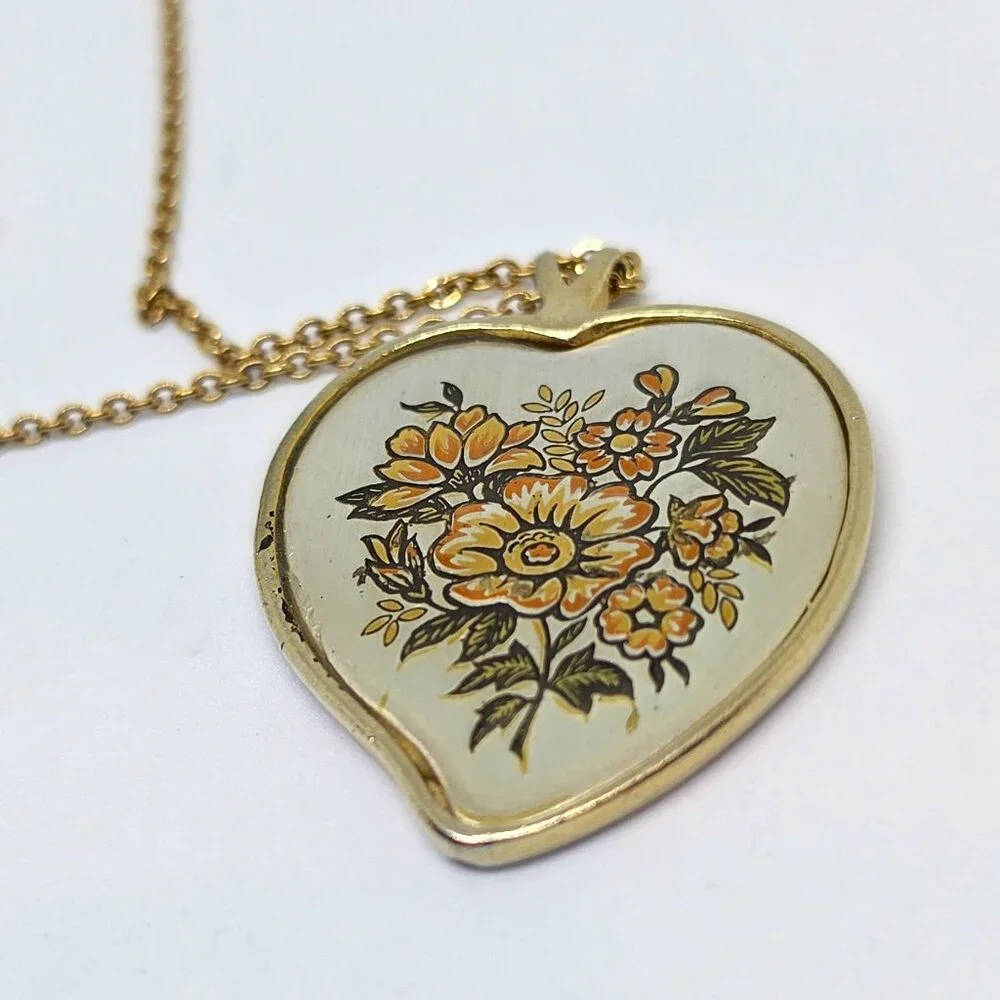 Vintage Reed & Barton Damascene Floral Heart Pendant with Amway GF 16' Chain